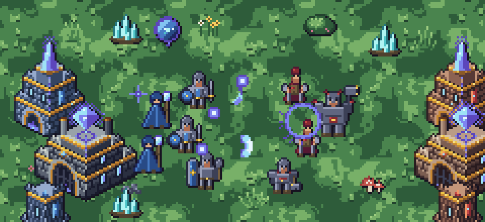Leyline Wars battle scene in pixel art: two mage orders clash between their citadels